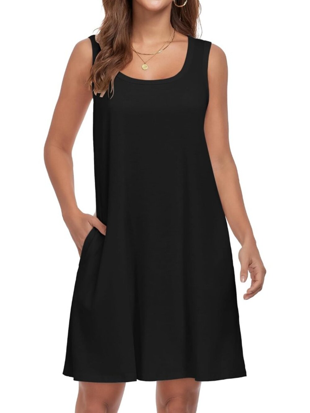 Women's Black Crew Neck Beach Boho Dress Casual Sleeveless Pockets Mini Dress